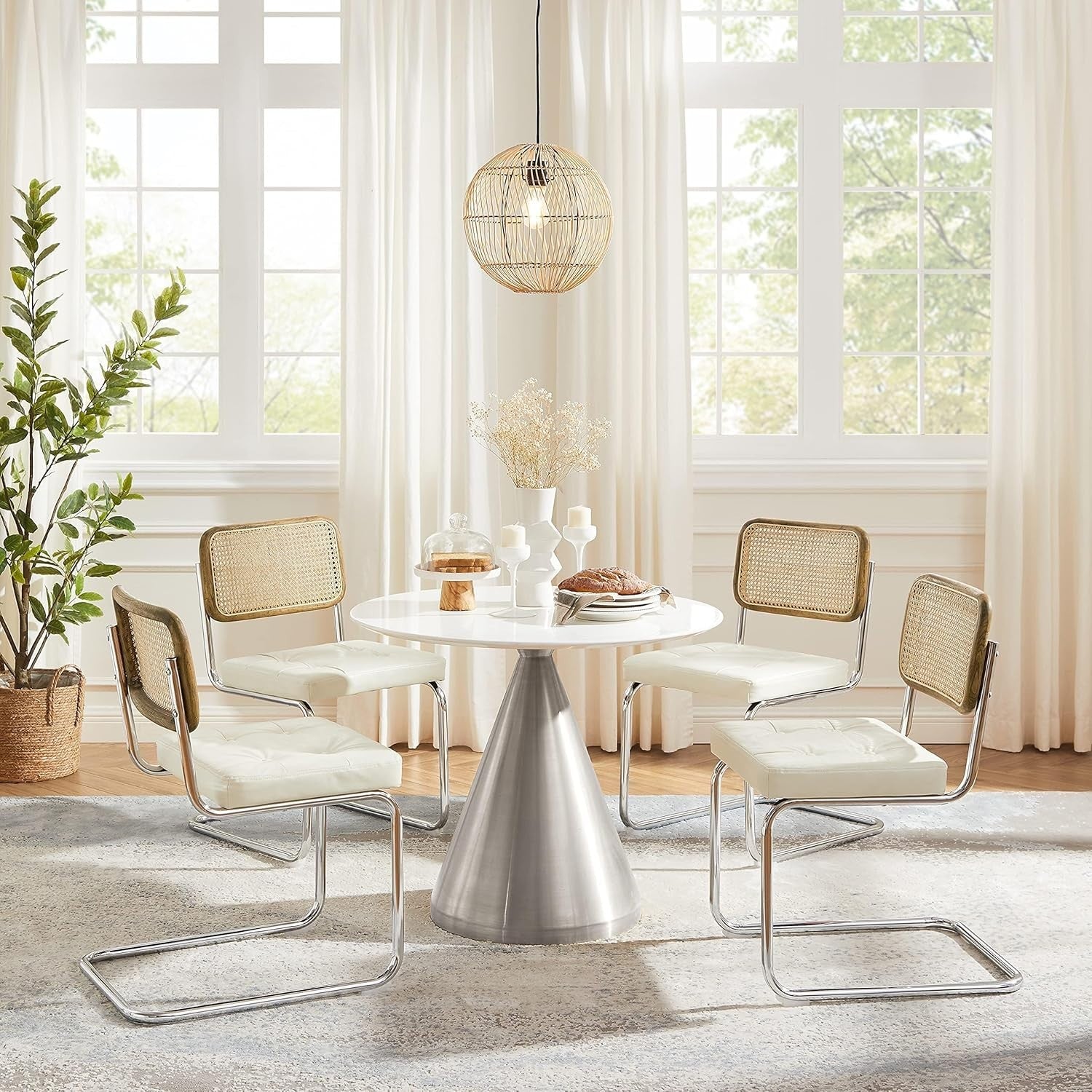 Set of 2 Cane Back Dining Chairs Faux Leather Seats Chrome Legs Off White