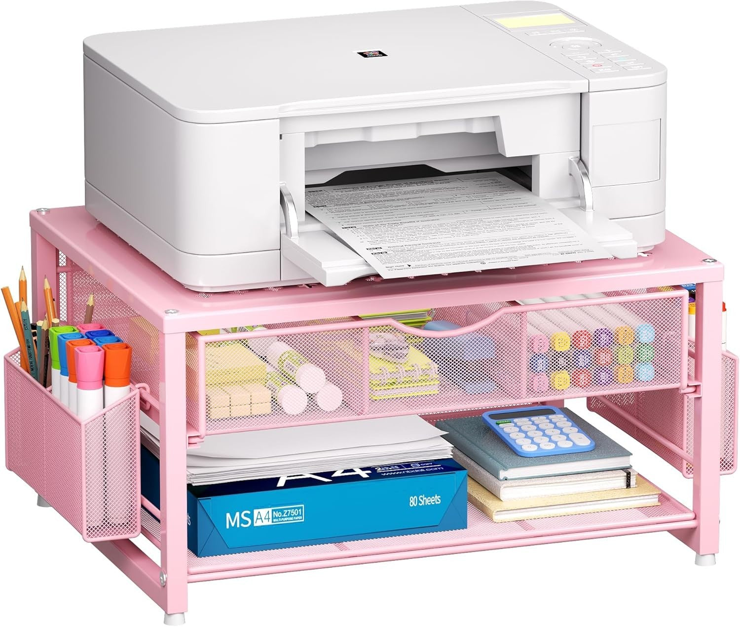 2-Tier Pink Desktop Printer Stand with Drawer, Pen & Paper Organizer