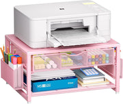 2-Tier Pink Desktop Printer Stand with Drawer, Pen & Paper Organizer