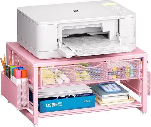 2-Tier Pink Desktop Printer Stand with Drawer, Pen & Paper Organizer