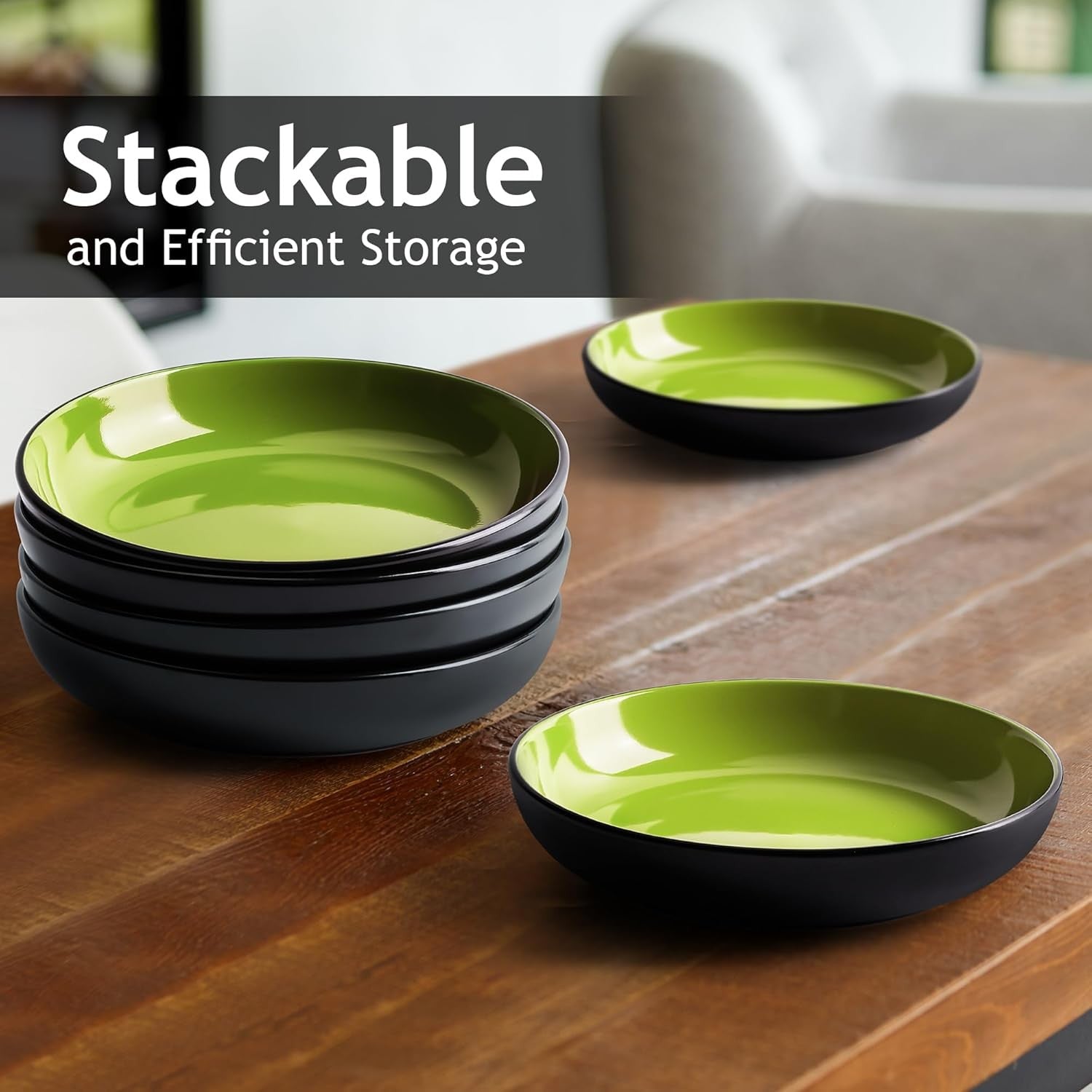 6x Pasta Bowls Ceramic 900ml Green Wide Shallow Bowls Soup Salad Stoneware