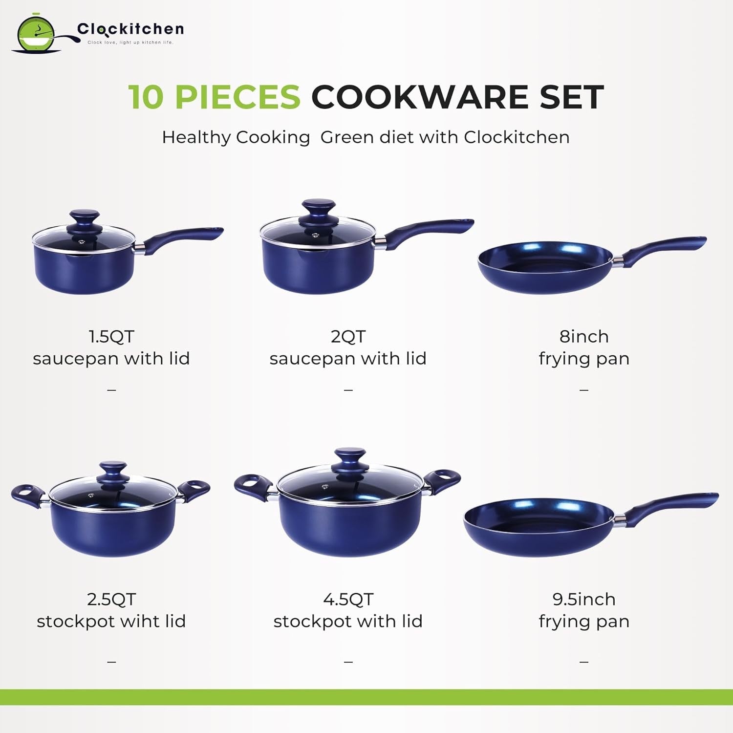 10Pcs Blue Ceramic Non Stick Cookware Set with Glass Lids, Induction Compatible