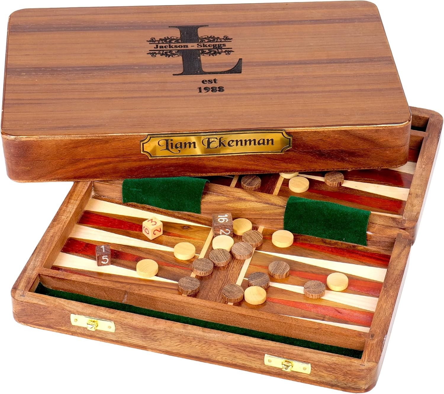 14 Inch Wooden Backgammon Set Travel Board Game with Checkers Dice Case