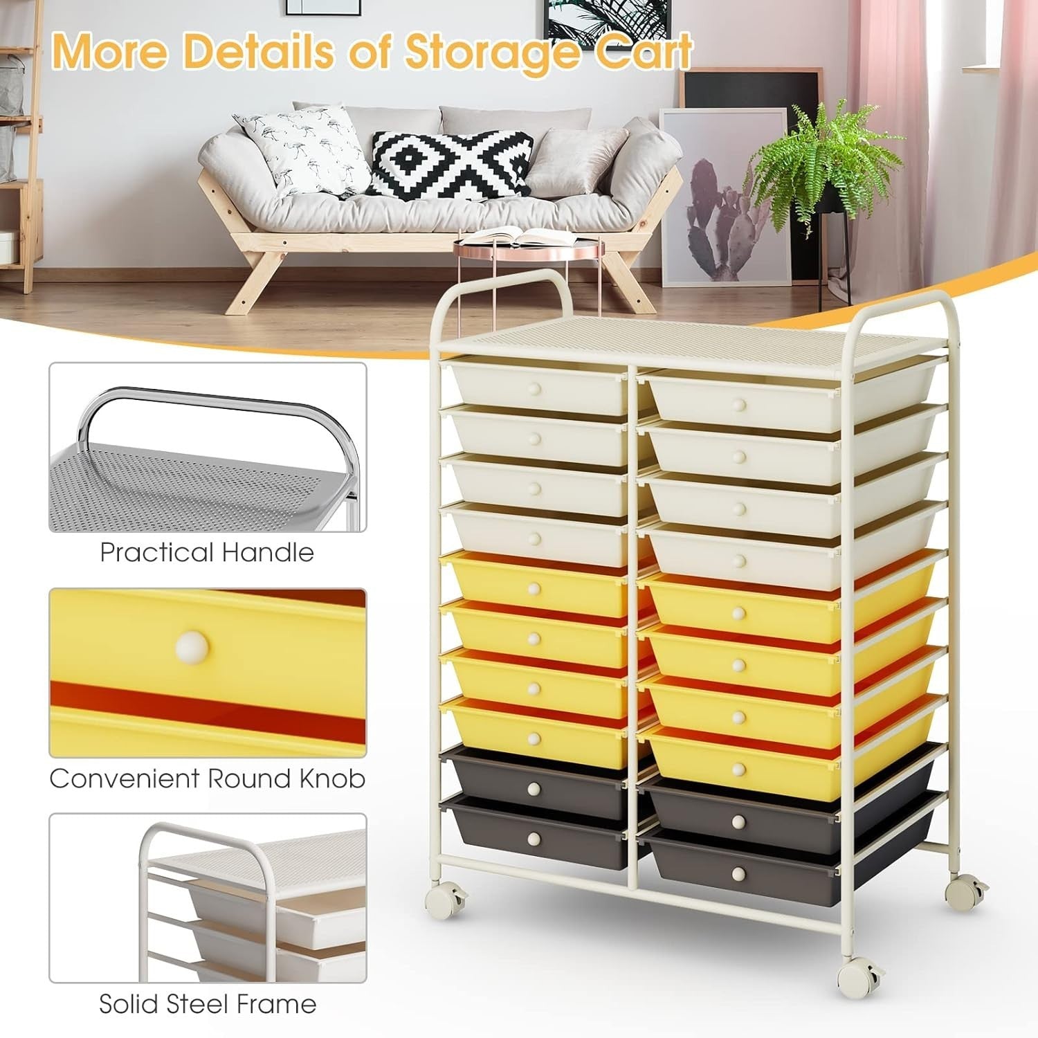 Yellow 20 Drawer Rolling Storage Cart Mobile Utility Organizer Trolley