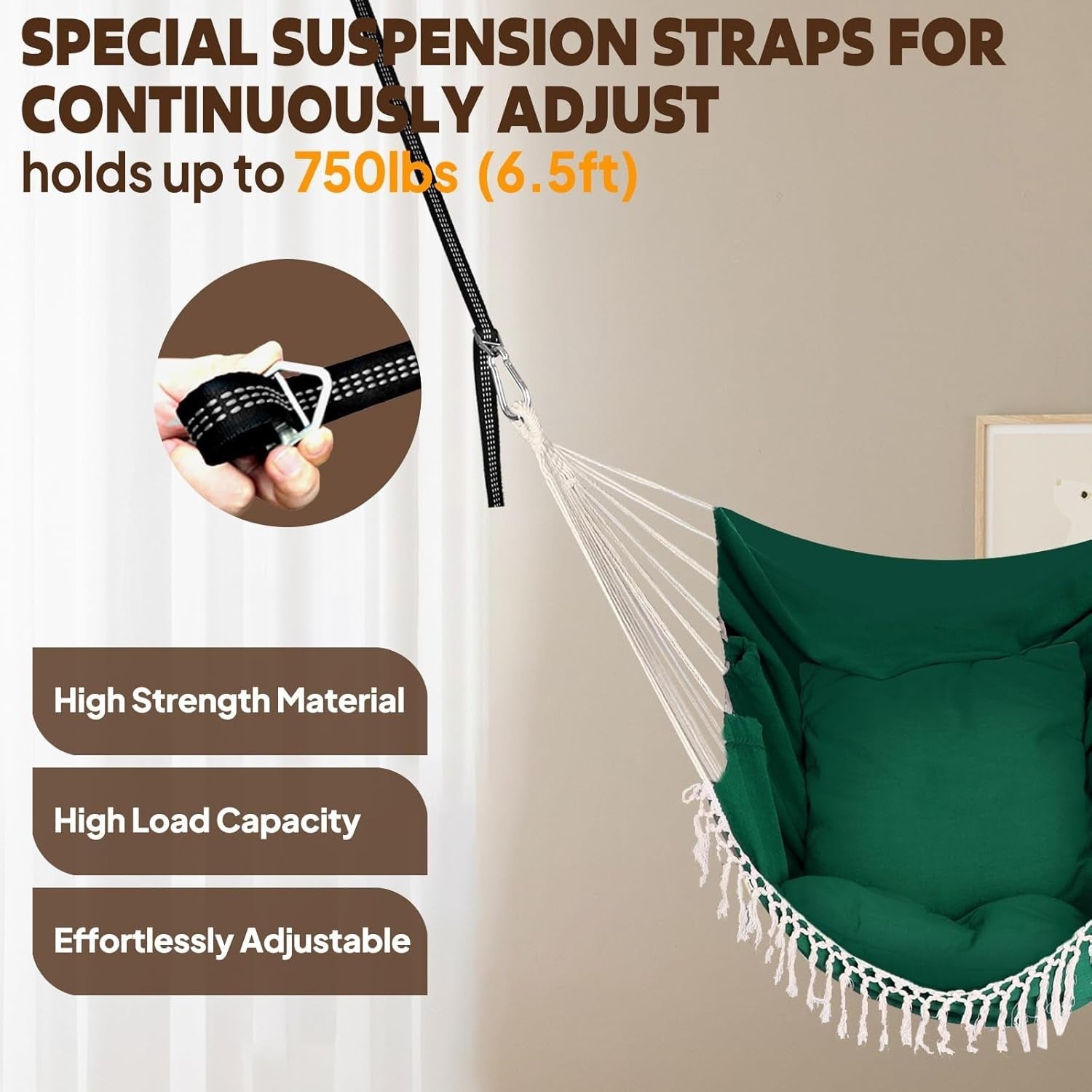 Dark Green Hammock Chair with 2 Cushions & Straps | 500lbs Indoor Outdoor