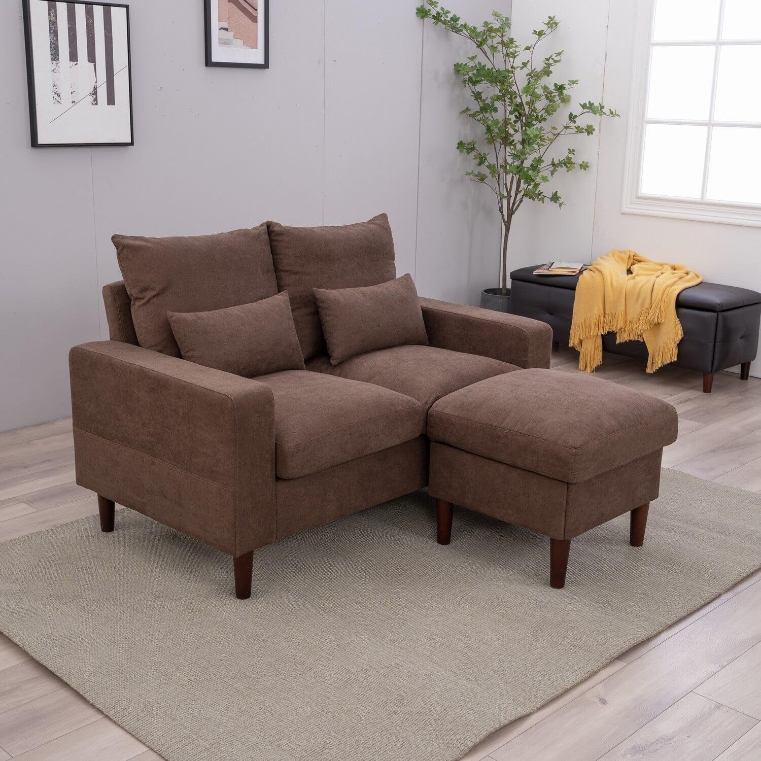 2 Seater Sofa Brown with Footstool Linen Fabric Small Couch + 2 Cushions