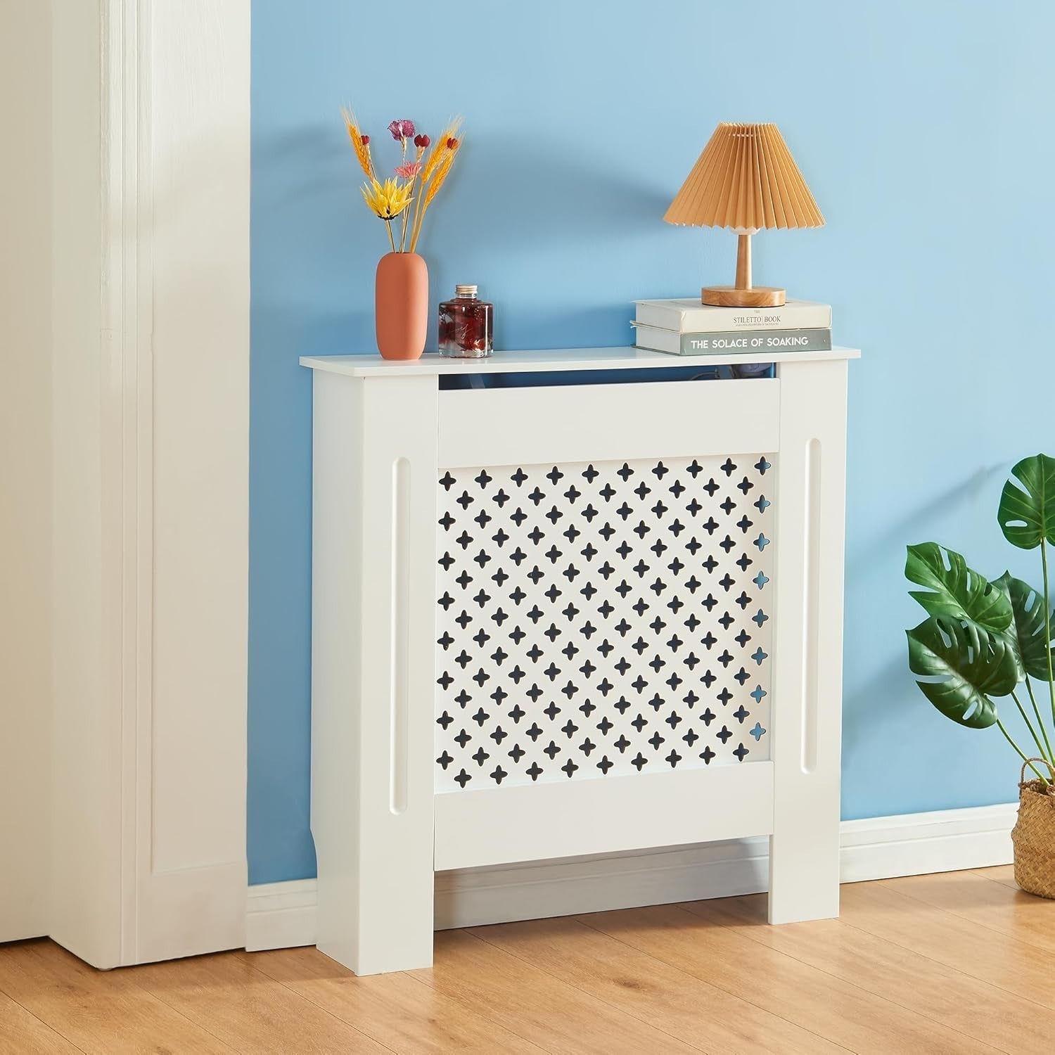 Small White Radiator Cover 78cm Modern Diamond Design MDF Wall Cabinet