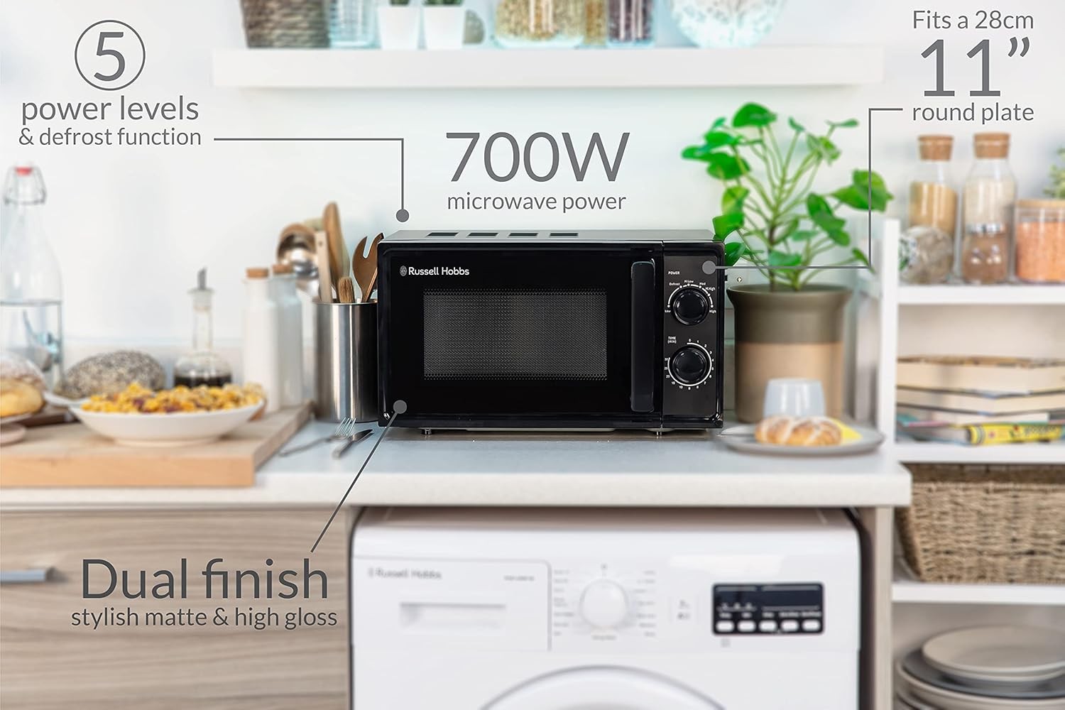 Black 17L Compact Microwave 700W 5 Power Levels Defrost Timer