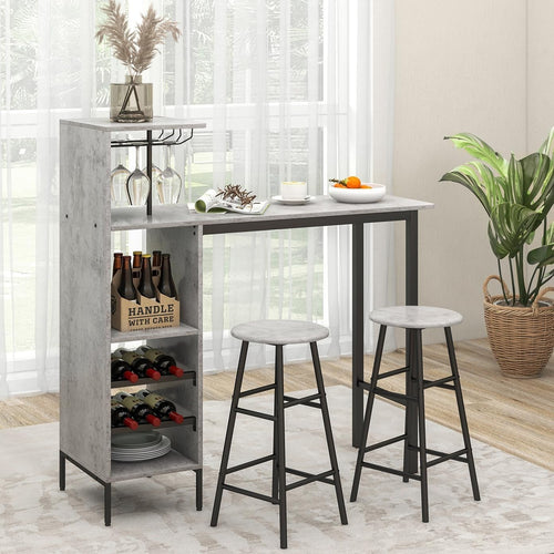 3-Piece Bar Table Set Wine Rack, Glass Holders & Open Shelves, Brown Industrial