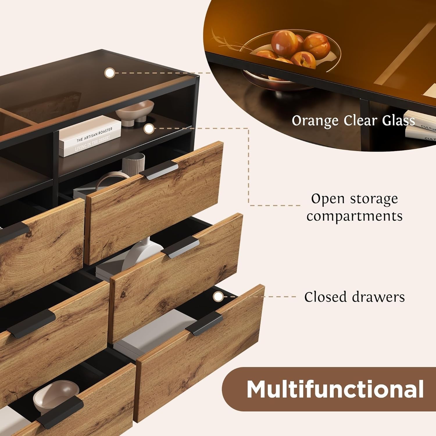 Oak Sideboard Cabinet 6 Drawers 2 Open Shelves 120x40x80cm Anti-Tip