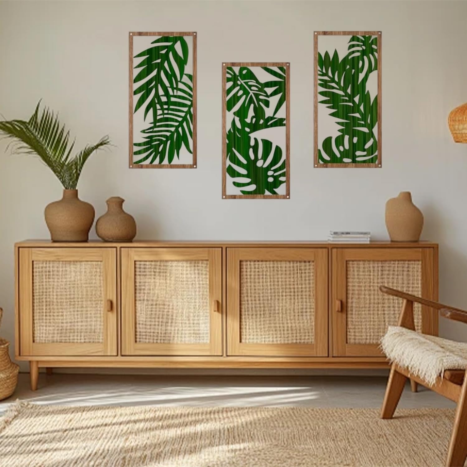 3PCS Wooden Boho Wall Art 30x15cm Geometric Leaf Wall Decor