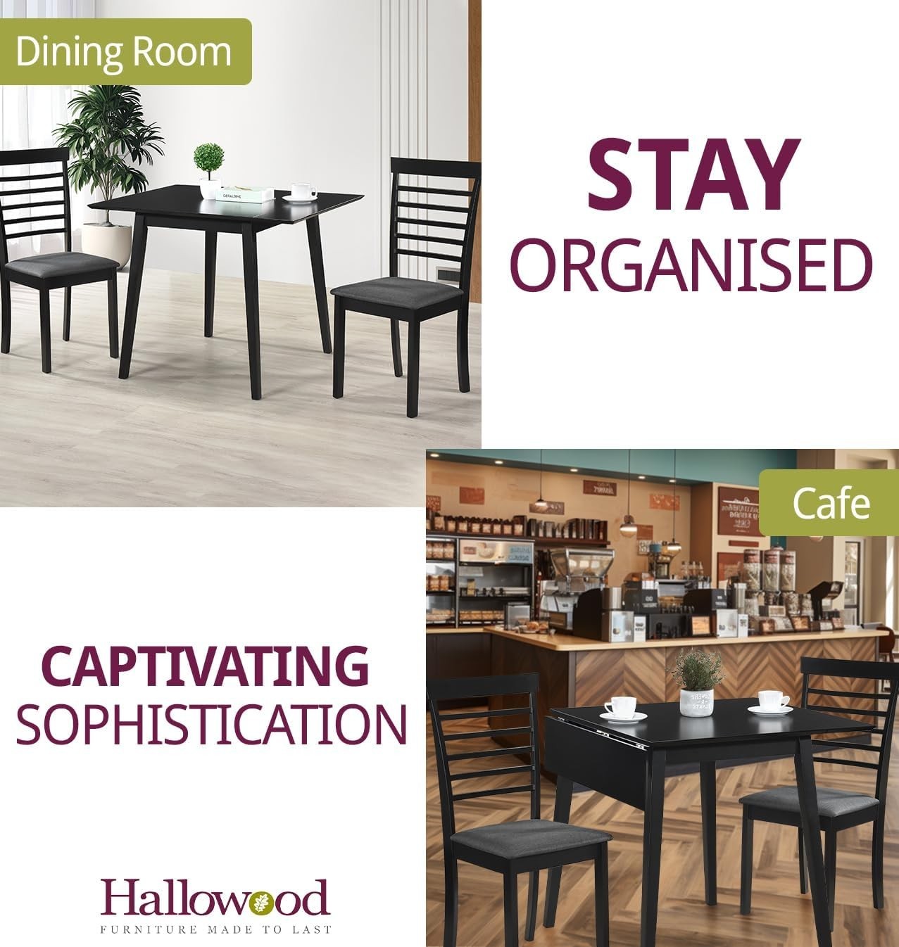 Small Black Drop Leaf Folding Dining Table Space-Saving Rectangular