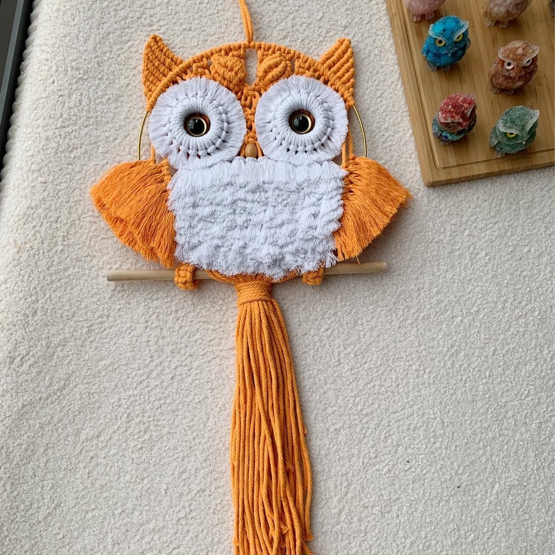 Orange Macrame Owl Wall Hanging Boho Fiber Art Home Decor