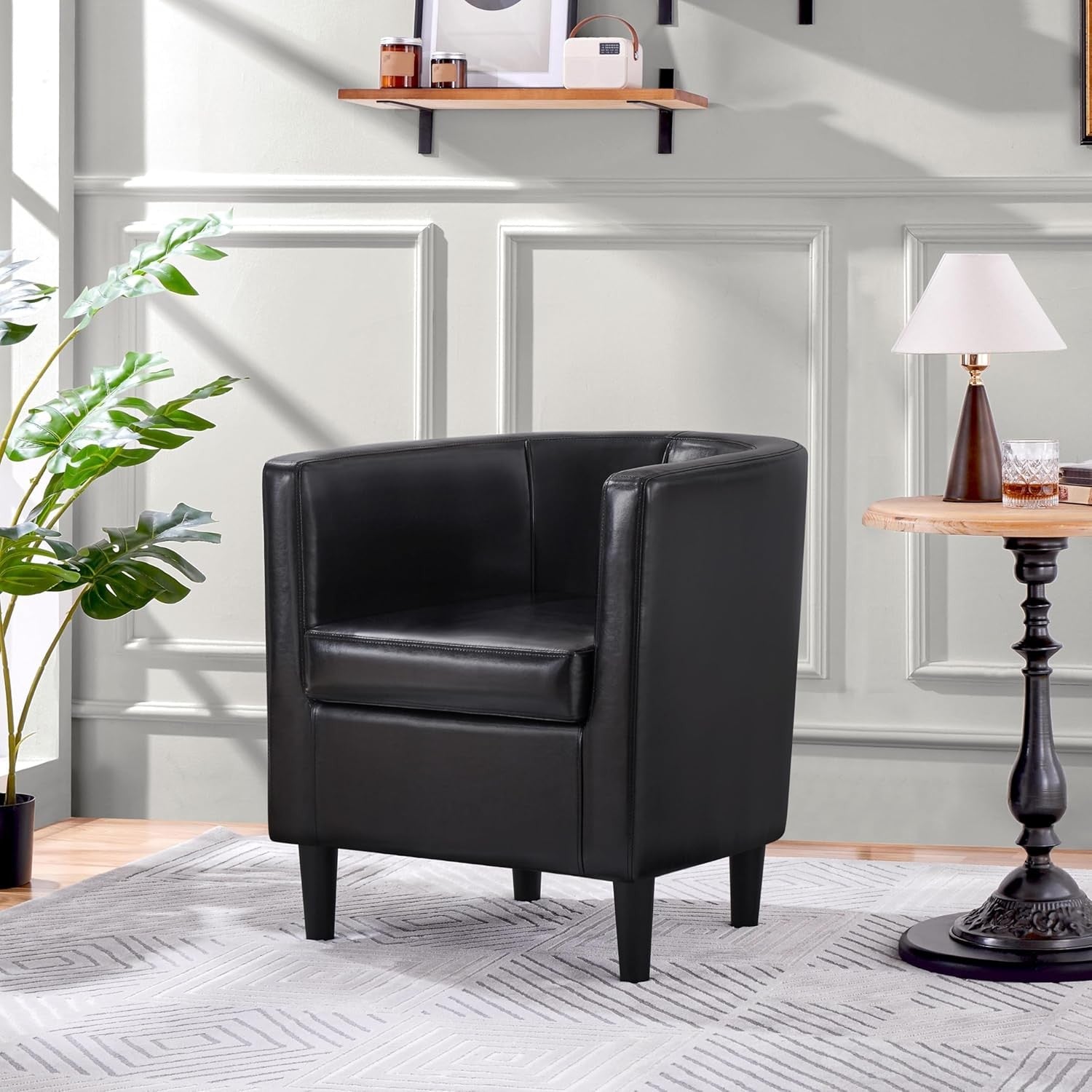 Black PU Leather Tub Chair Modern Accent Armchair
