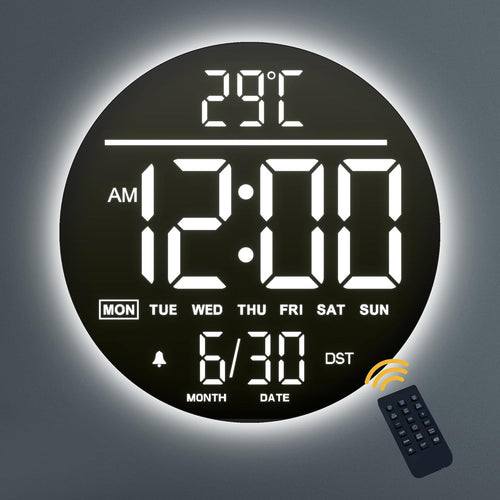White LED Digital Wall Clock 10 Inch Remote Control Night Light Display