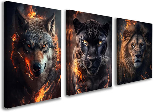 Set of 3 Animal Fire Canvas Wall Art 12x16 Framed Wolf Lion Panther Decor