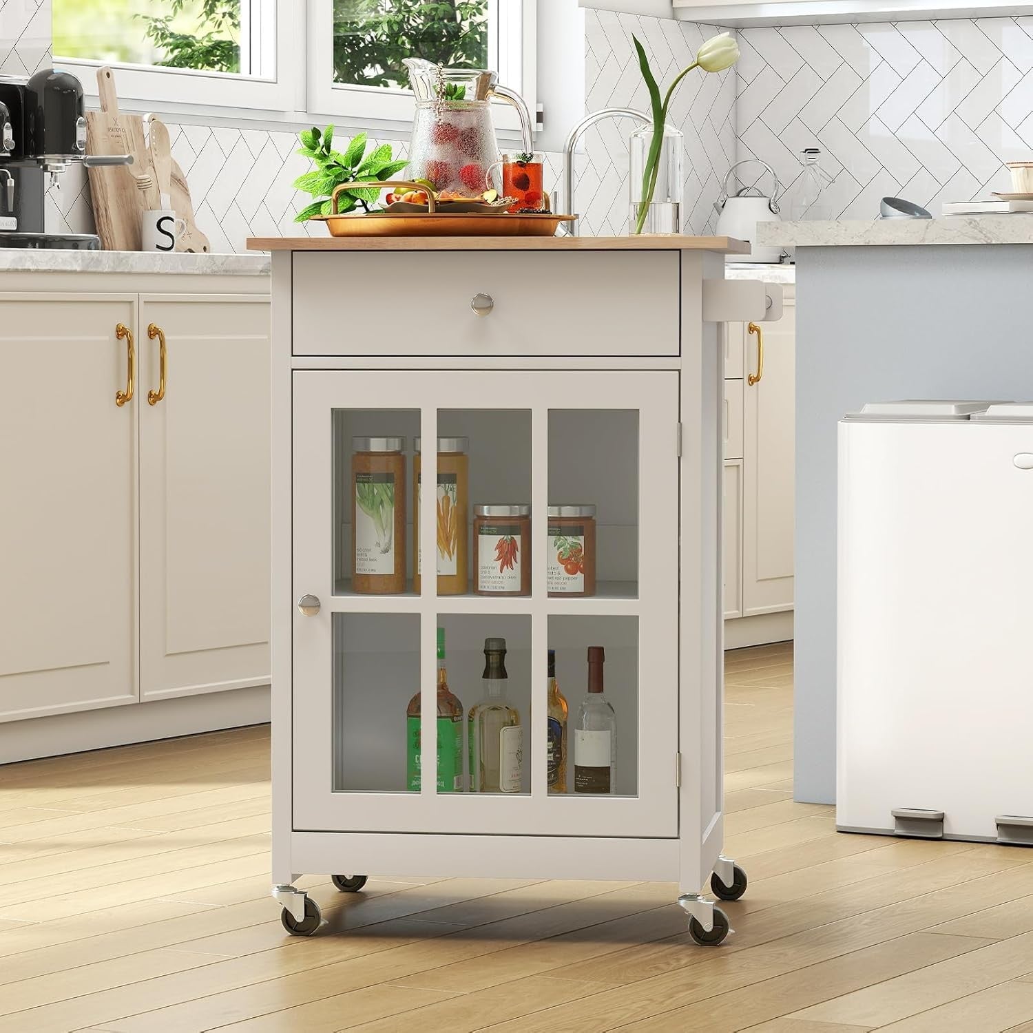 Kitchen Island on Wheels Storage Trolley with Glass Door Drawer Towel Rail