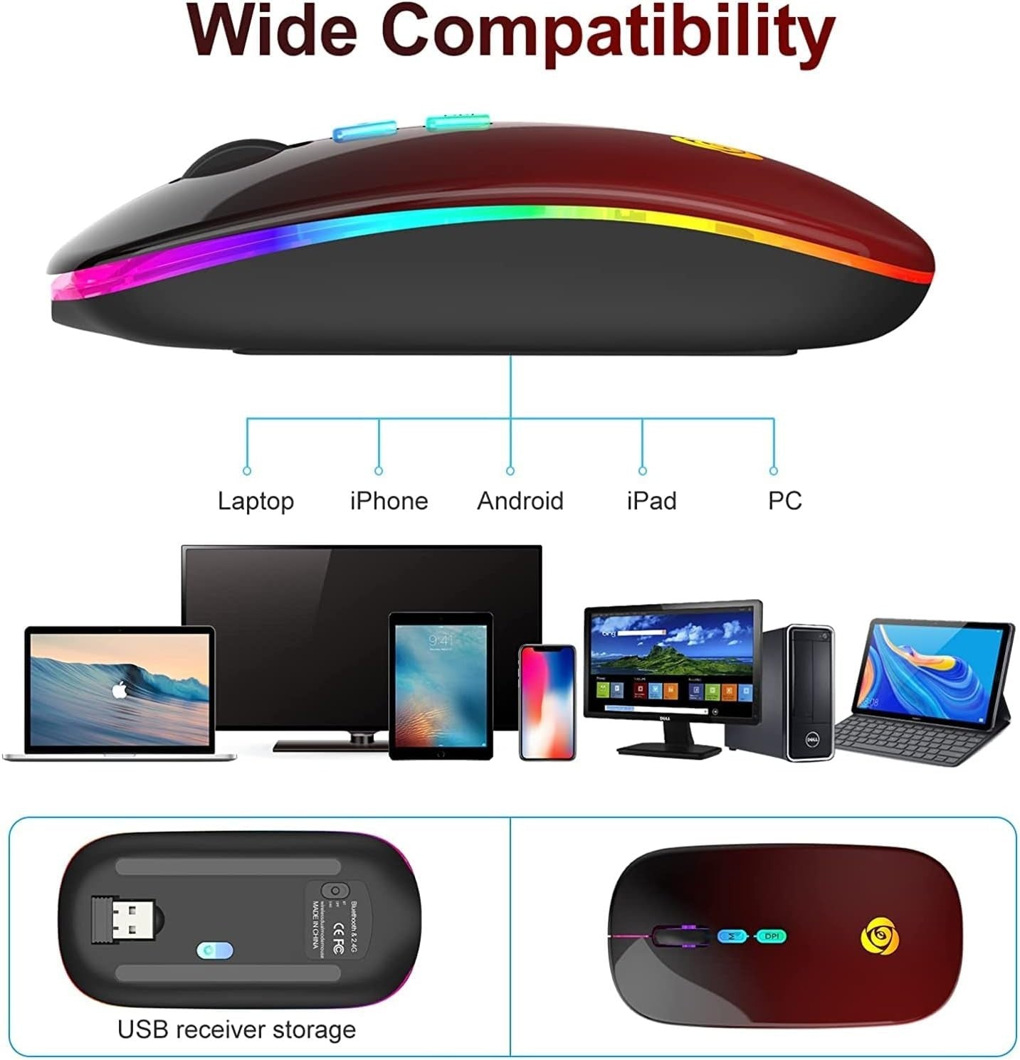 Wireless Bluetooth Mouse Rechargeable Silent RGB Type-C Red