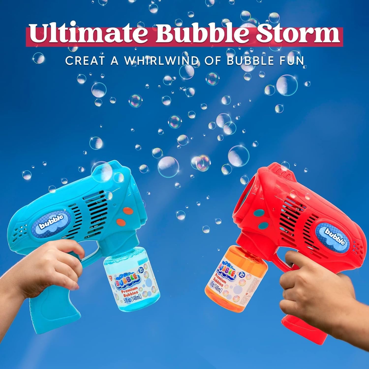 2 Pack Bubble Guns Kids Toy Set Red Blue with Solution