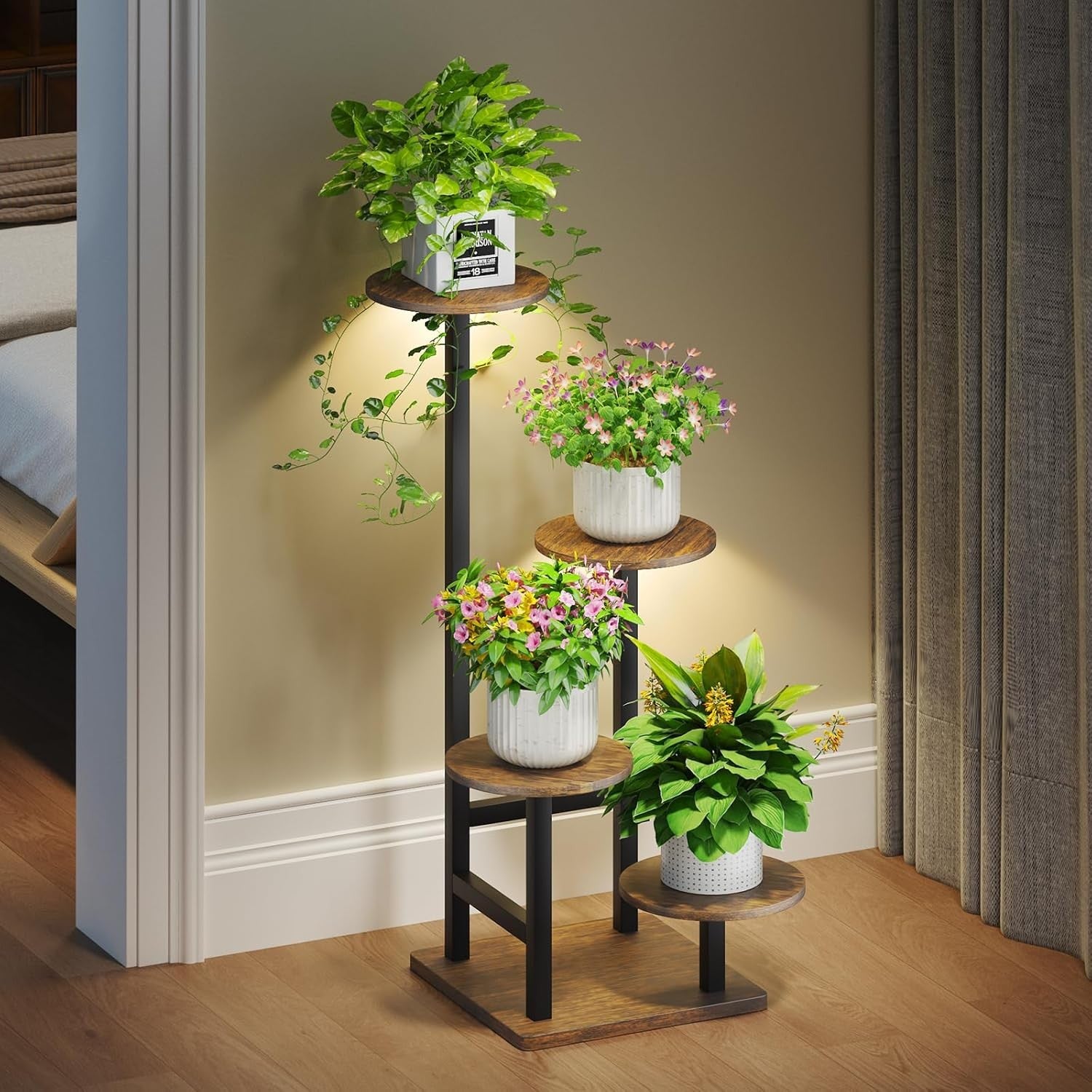 4-Tier Metal Plant Stand with Adjustable Grow Light & Hook | Indoor Corner Shelf