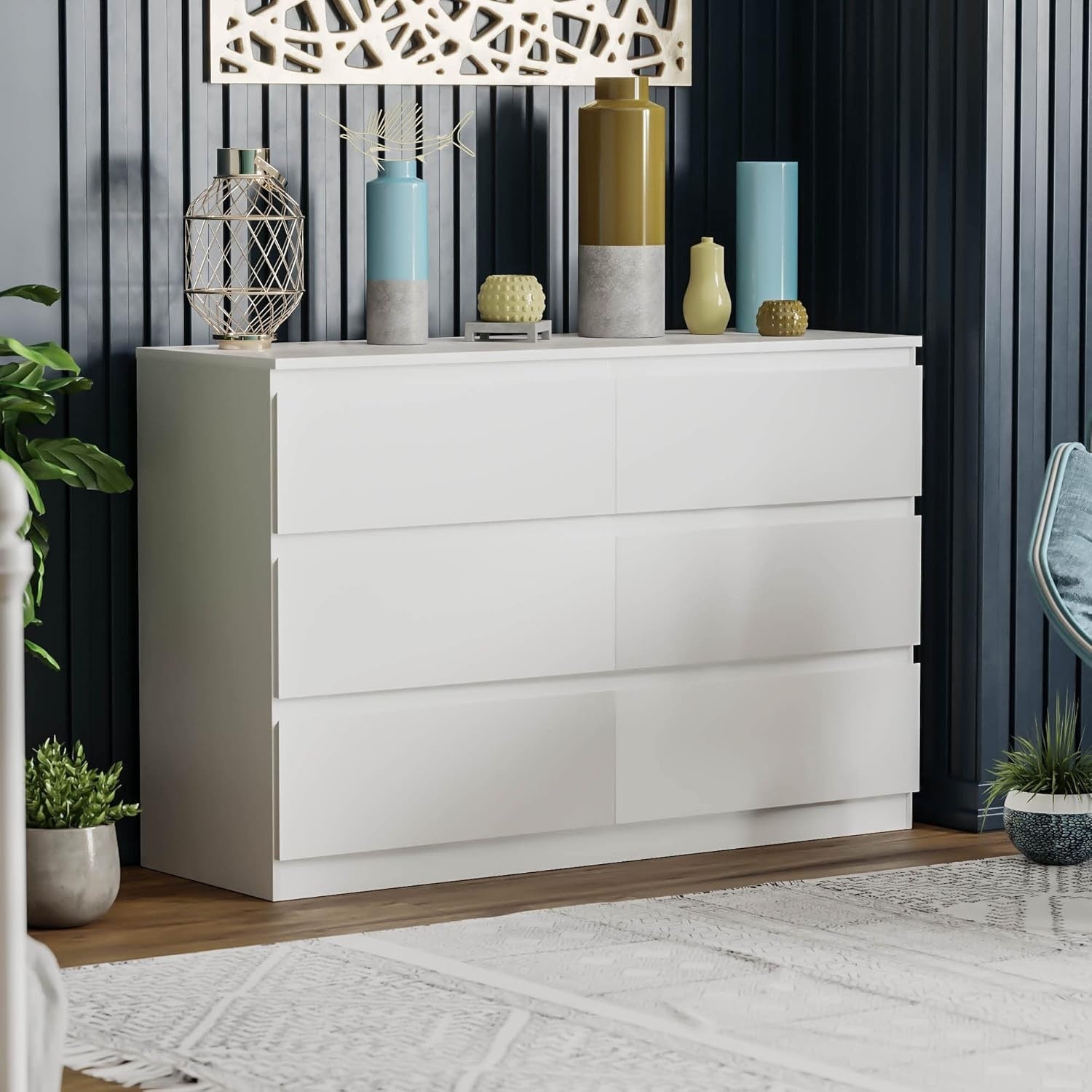 White Chest of 6 Drawers Modern Bedroom Storage Unit Wooden Cabinet
