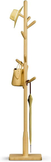 Natural Wood Coat Rack 8 Hooks Square Base Freestanding Hall Tree Stand