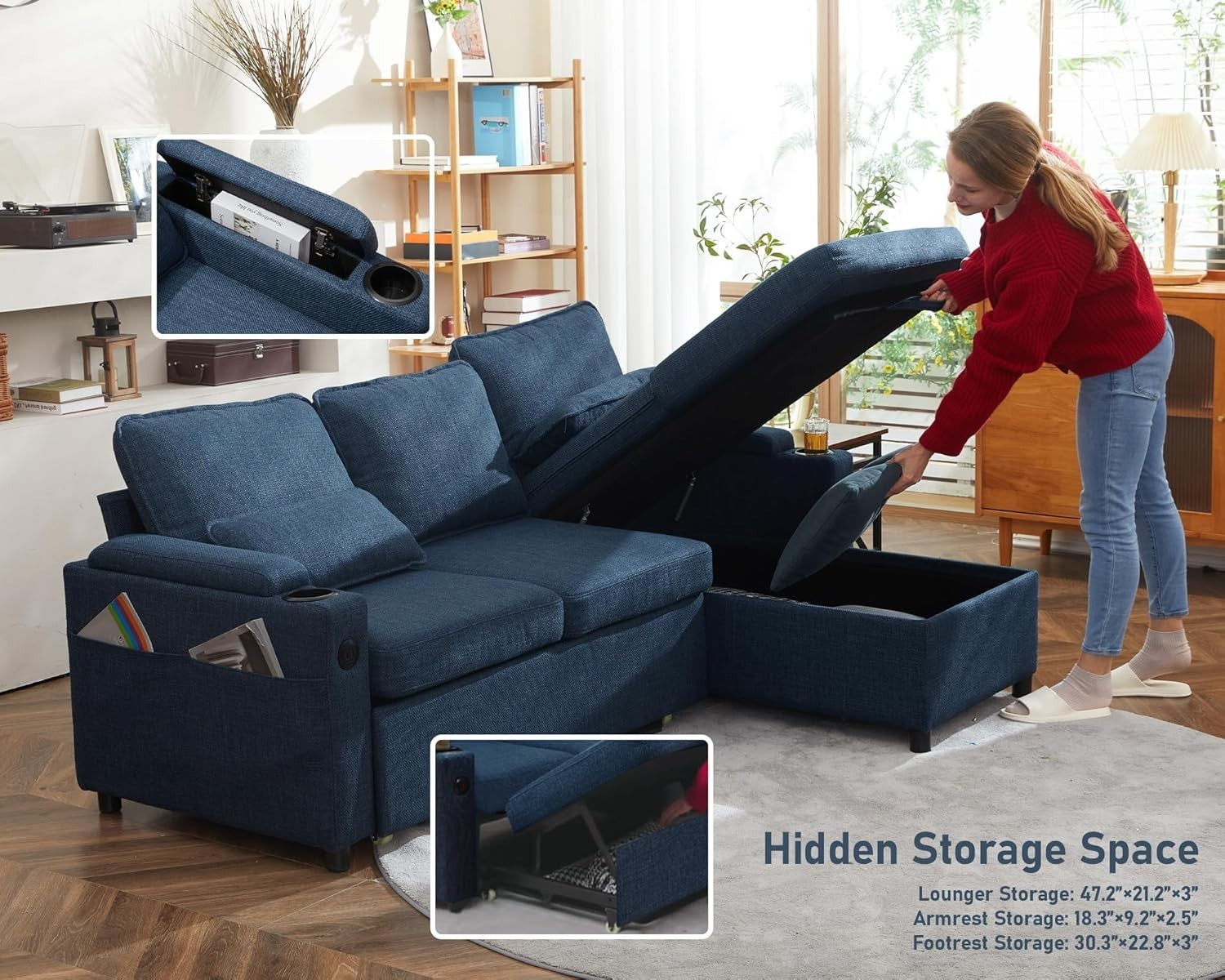 Pull Out Blue L Shape Sectional Sofa Bed with USB -  Cup Holder & Storage