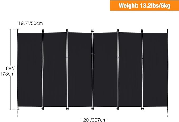 10FT 6-Panel Folding Room Divider Black Privacy Screen Partition Wall Office