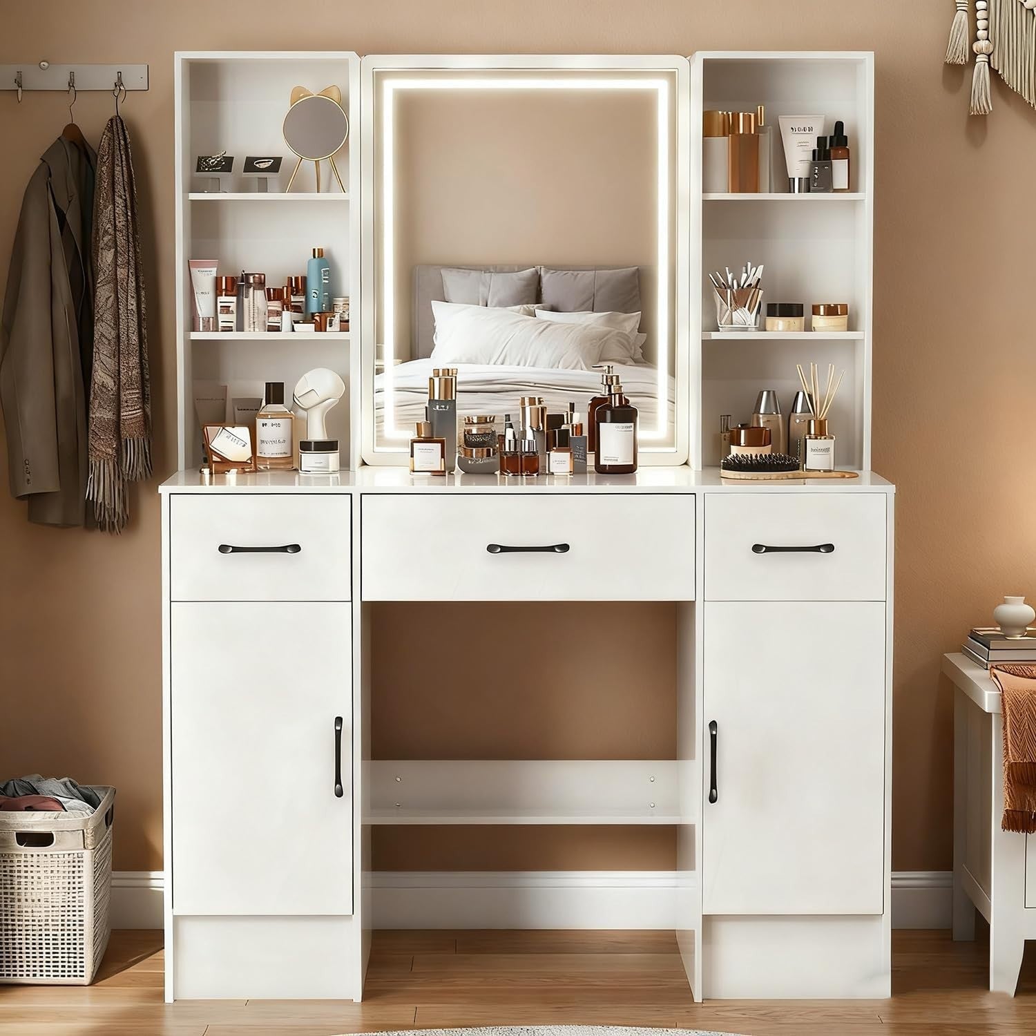Vanity Makeup Dressing Table Desk Mirror 3 Drawers Stool LED Light White Wood