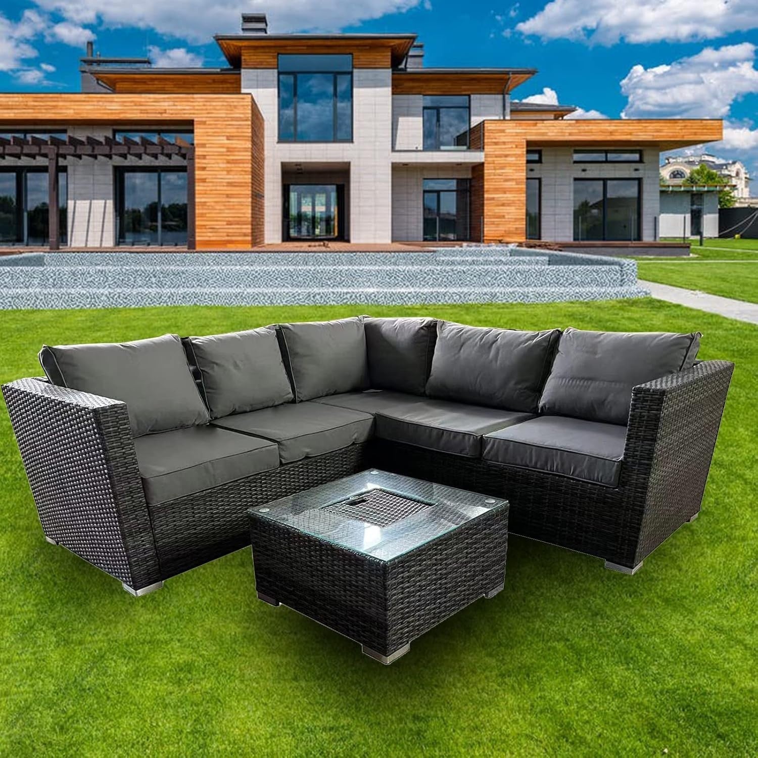 5 Seater Rattan Garden Sofa Set with Ice Bucket Coffee Table Patio Outdoor