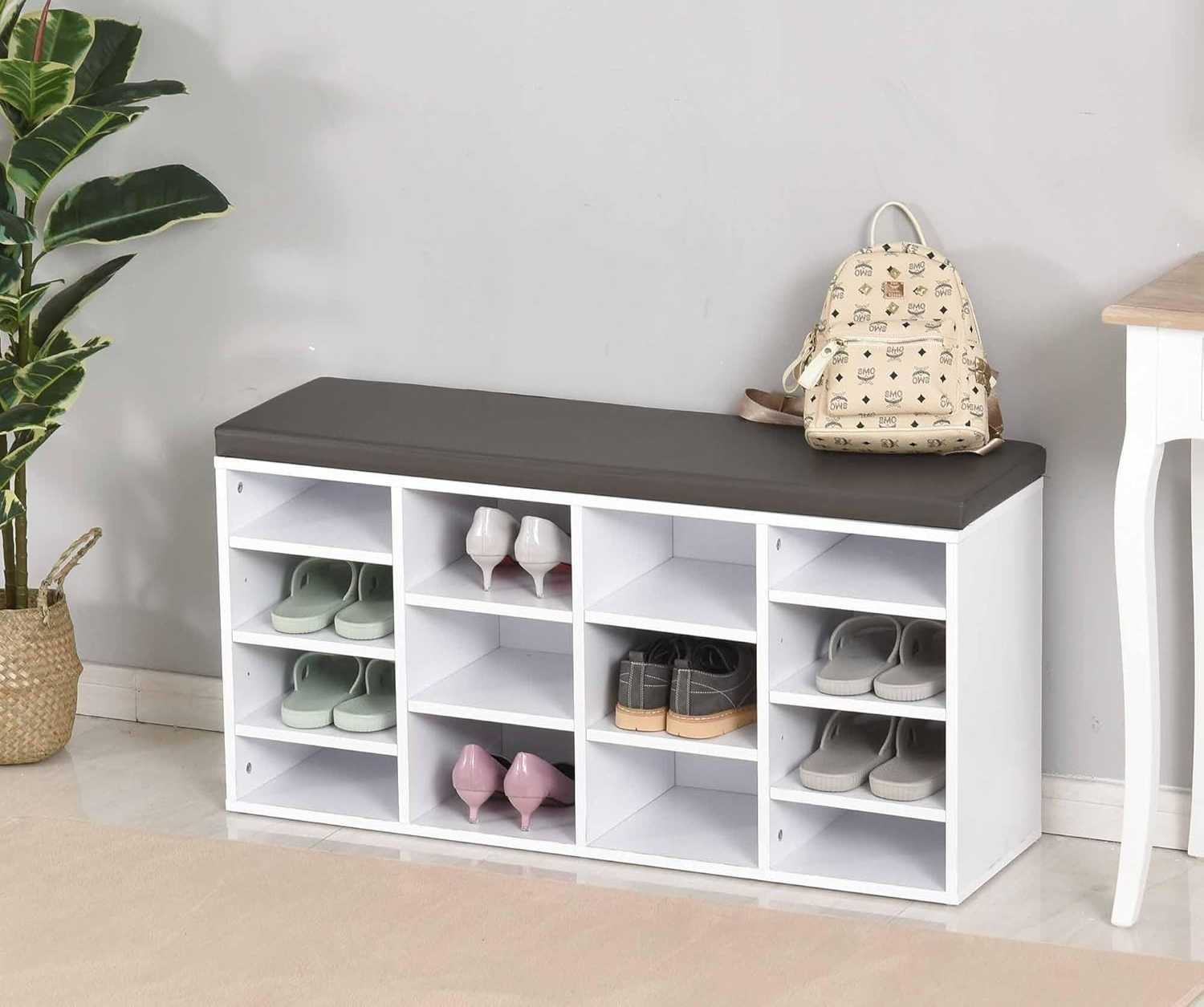 Multi-Storage Shoe Rack with Cushion & 14 Compartments, 103.5x30x48 cm White