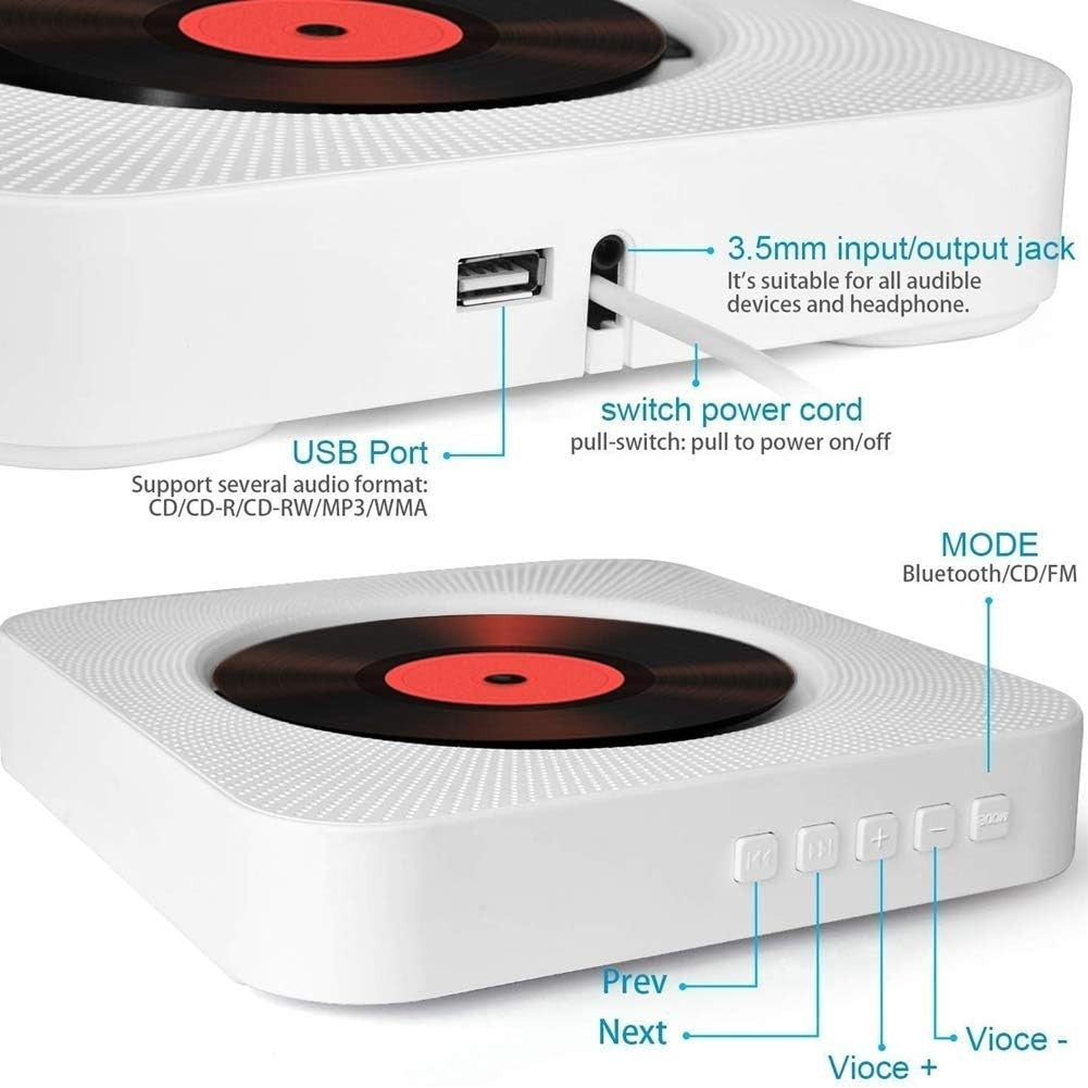 Bluetooth CD Player Wall Mounted HiFi Speakers FM Radio Remote White