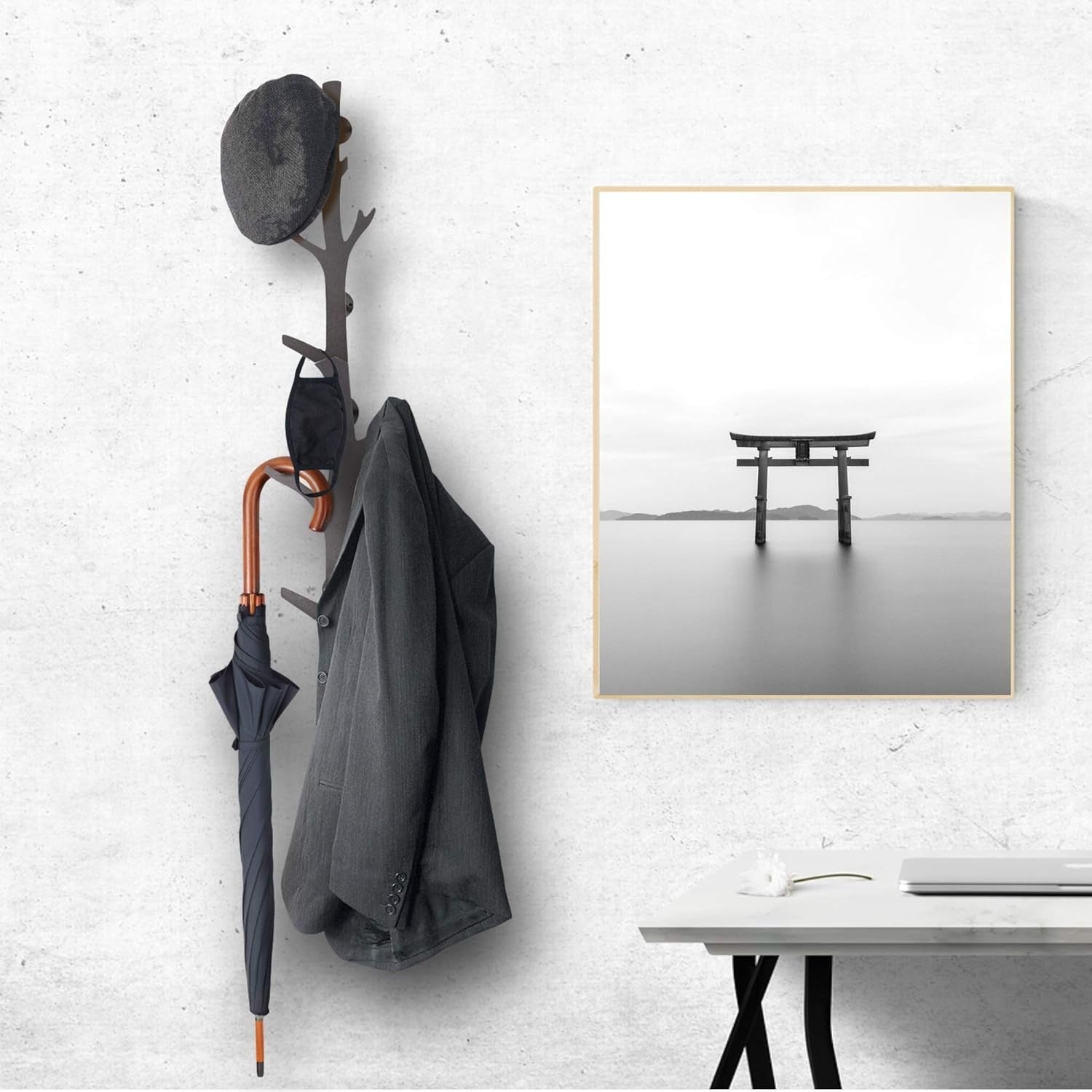 Black Metal Tree Branch Wall Mounted Coat Rack | 8 Hooks Modern Rustic