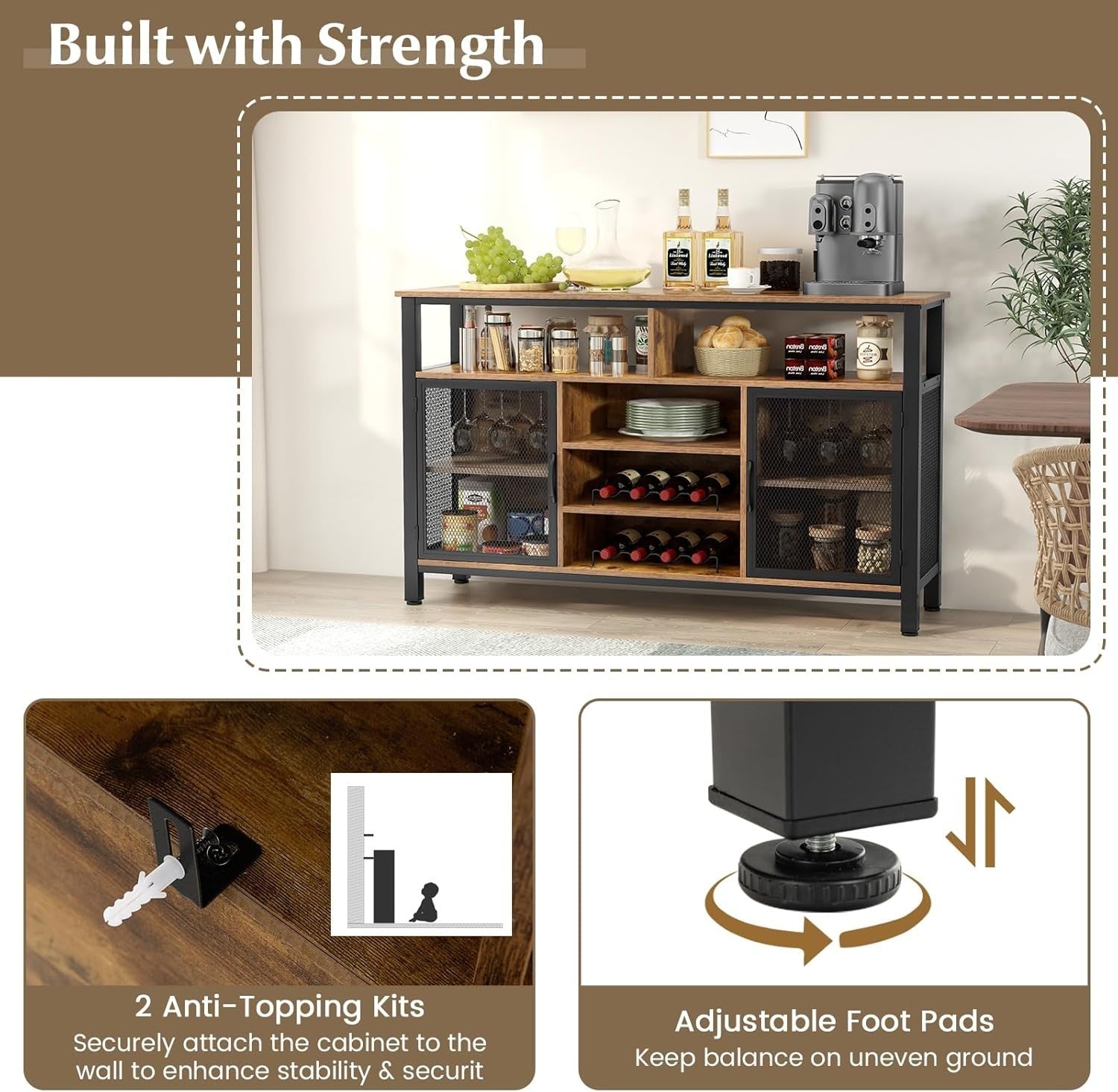 Rustic Sideboard Storage Cabinet with Wine Racks Glass Holder Mesh Doors