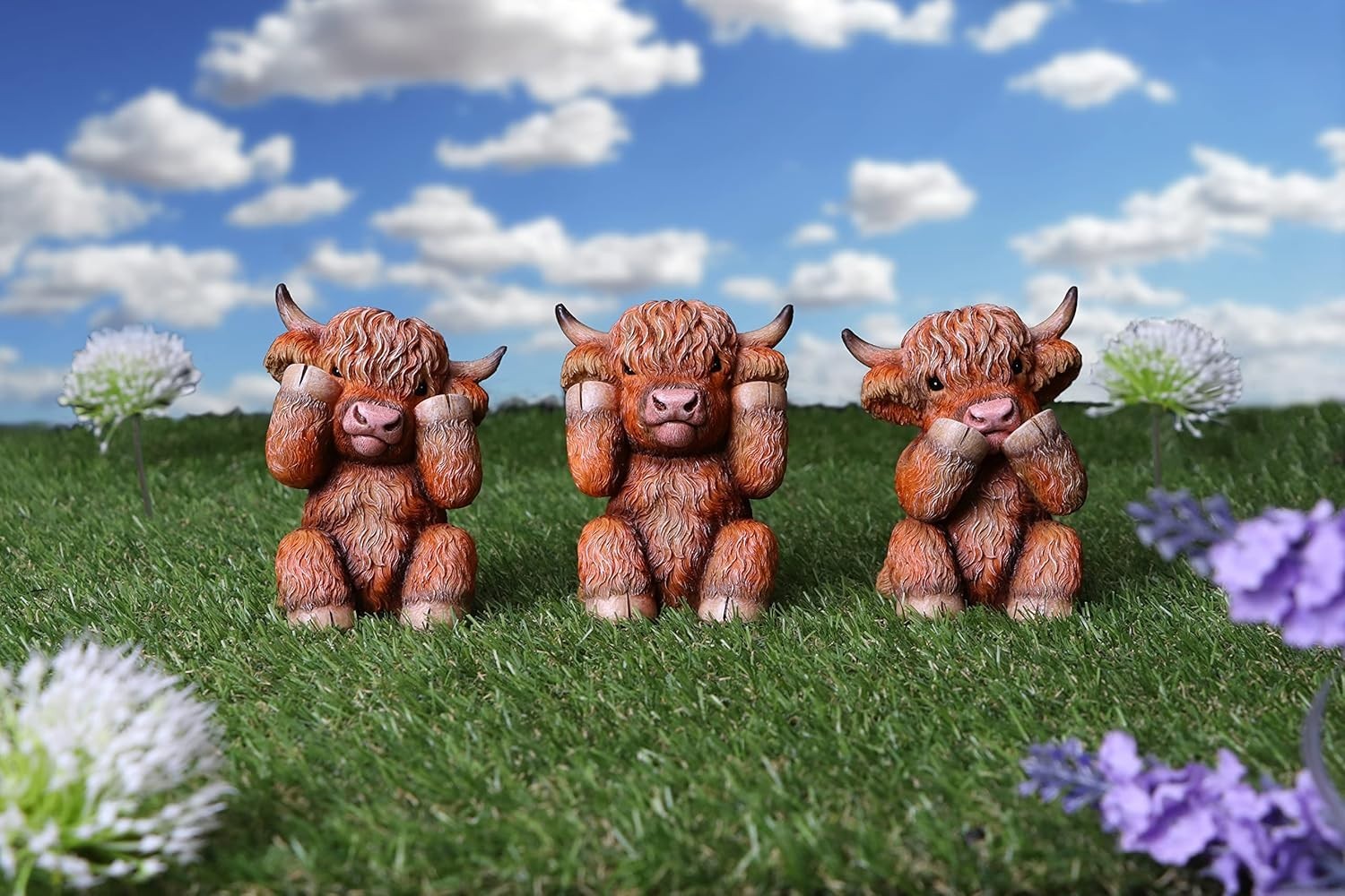 Three Wise Highland Cow Figurines Resin Ornament Set Brown 9.6cm Cute Gift Decor
