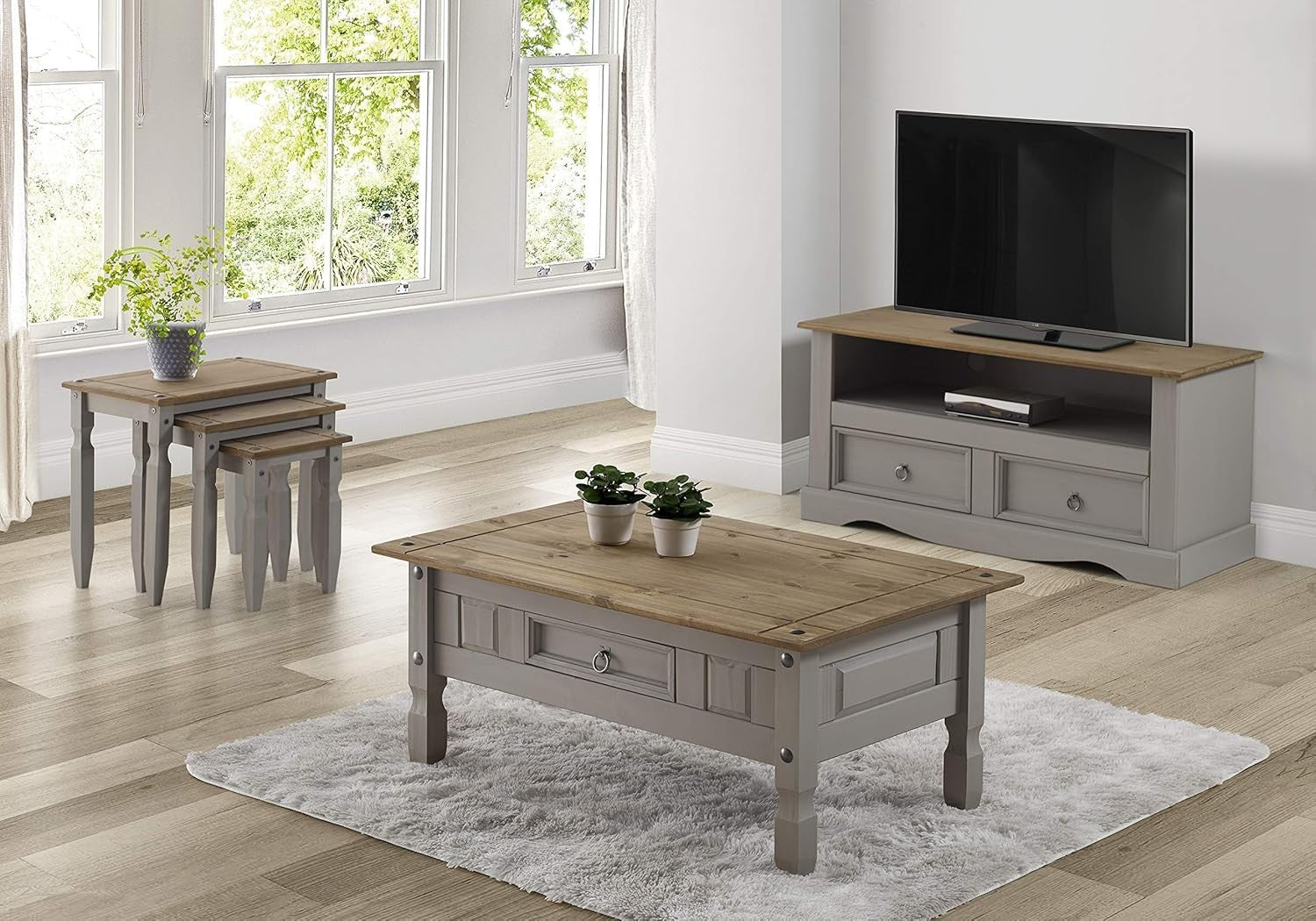 Grey Solid Pine Sideboard 3 Door 3 Drawer Cabinet Rustic Wax Finish