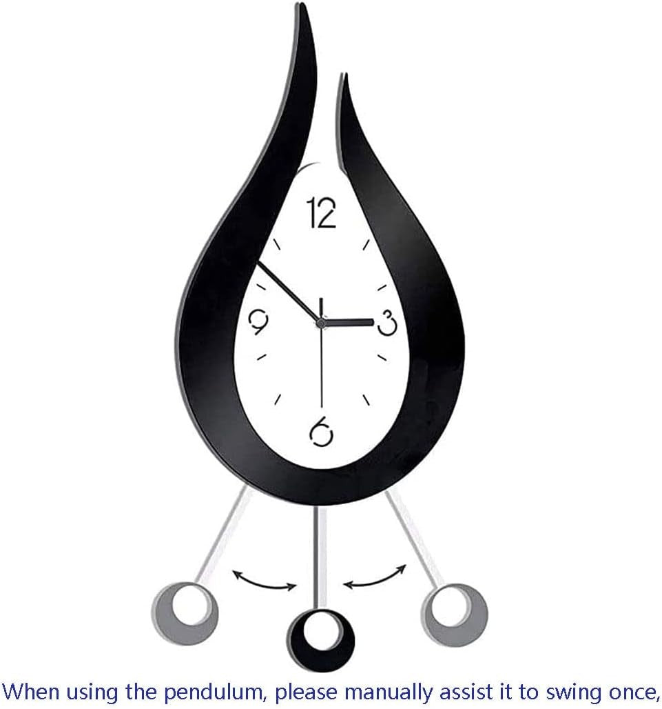 Modern Silent Wall Clock Water Drop Design with Pendulum 20.4” Black White