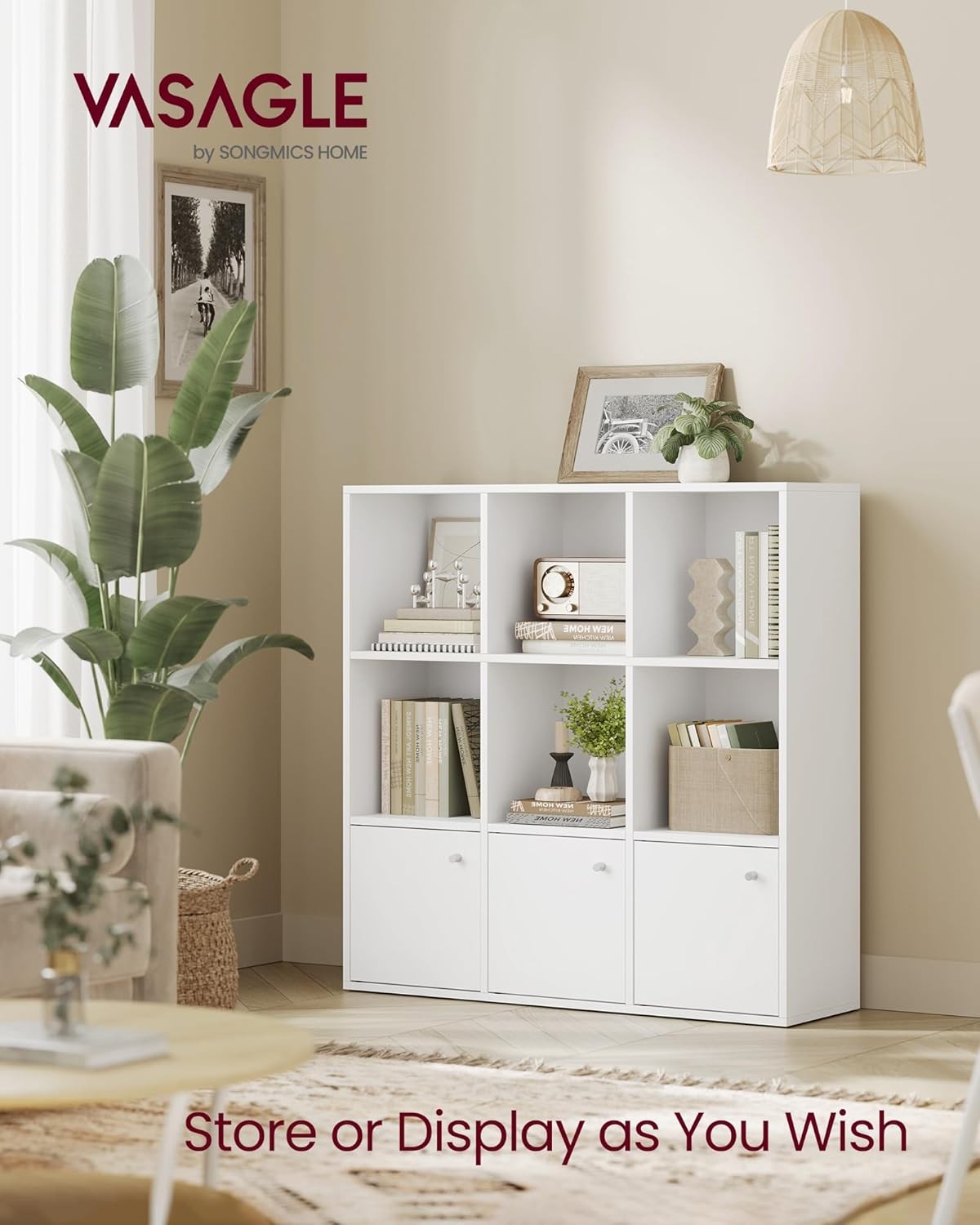 9-Cube White Bookcase with Cabinets, Modern Storage Shelf Unit for Home Office