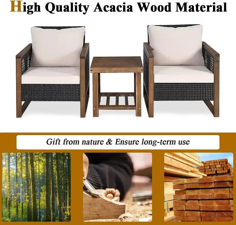 3PC Rattan Patio Bistro Set with Cushioned Chairs & Acacia Coffee Table