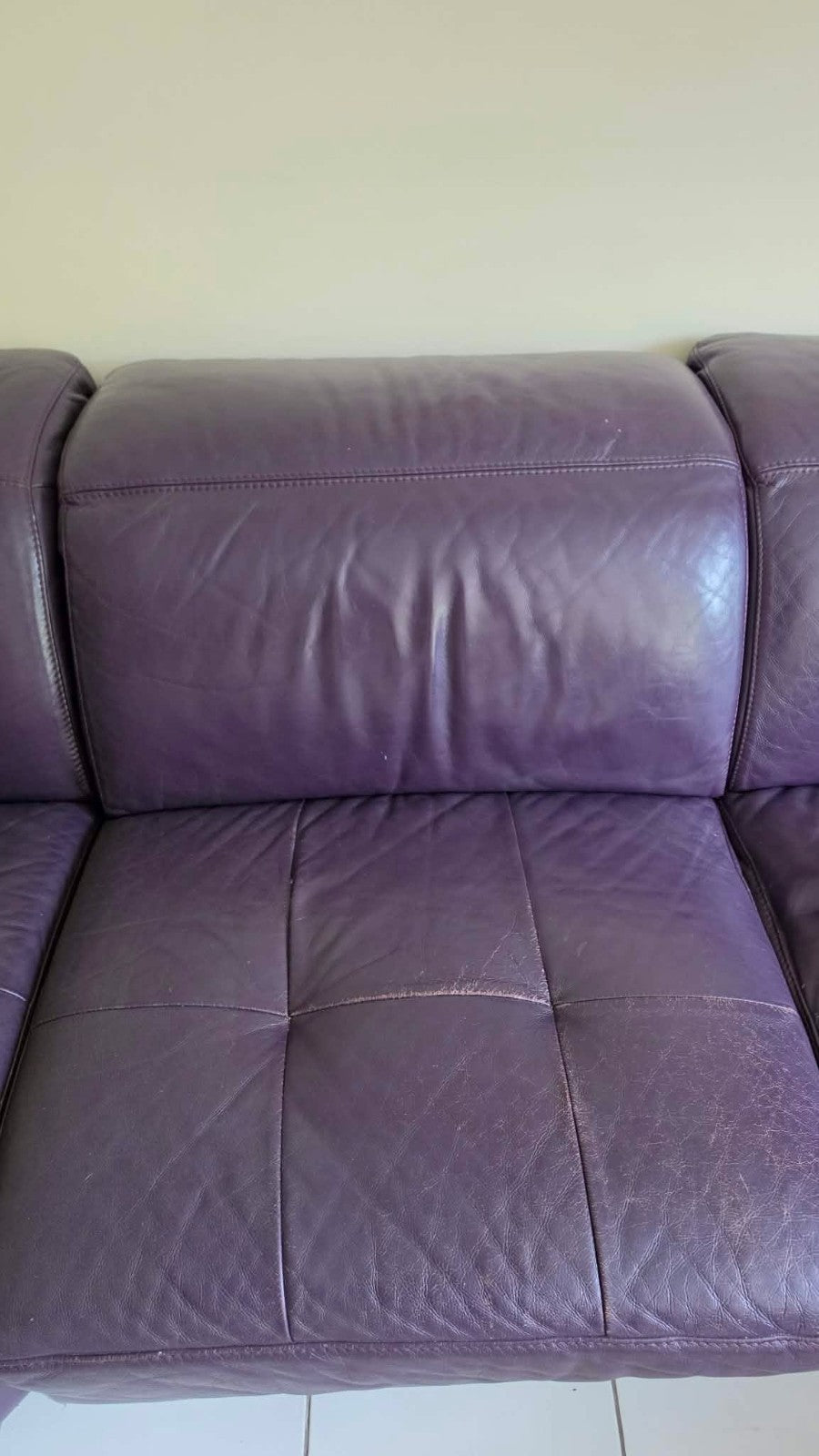 Large Purple Leather Corner Sofa + Footstool (PTP)
