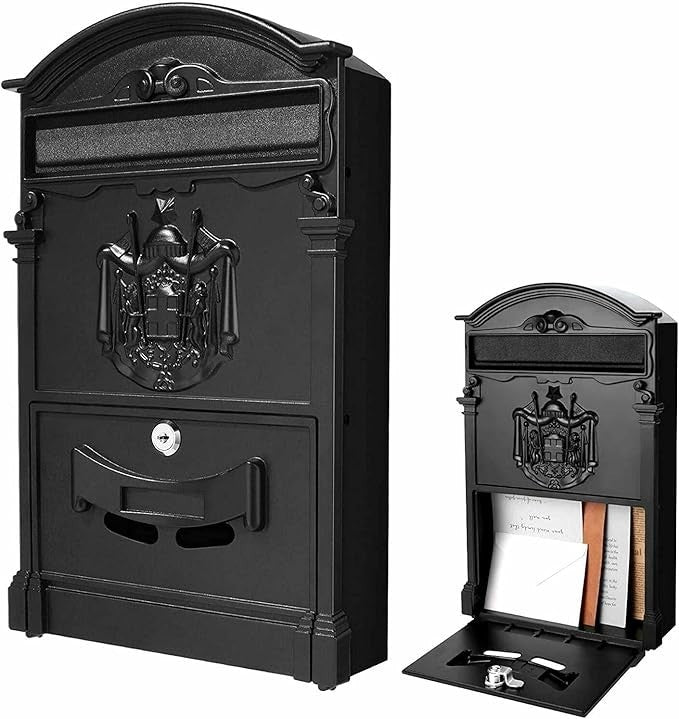 Lockable Wall Mounted Post Box Black – Waterproof Retro Mailbox for Gates
