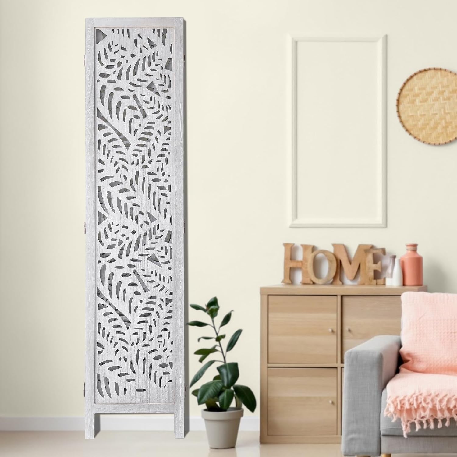 6 Panel White Folding Room Divider Carved Wood Privacy Screen 242x171cm
