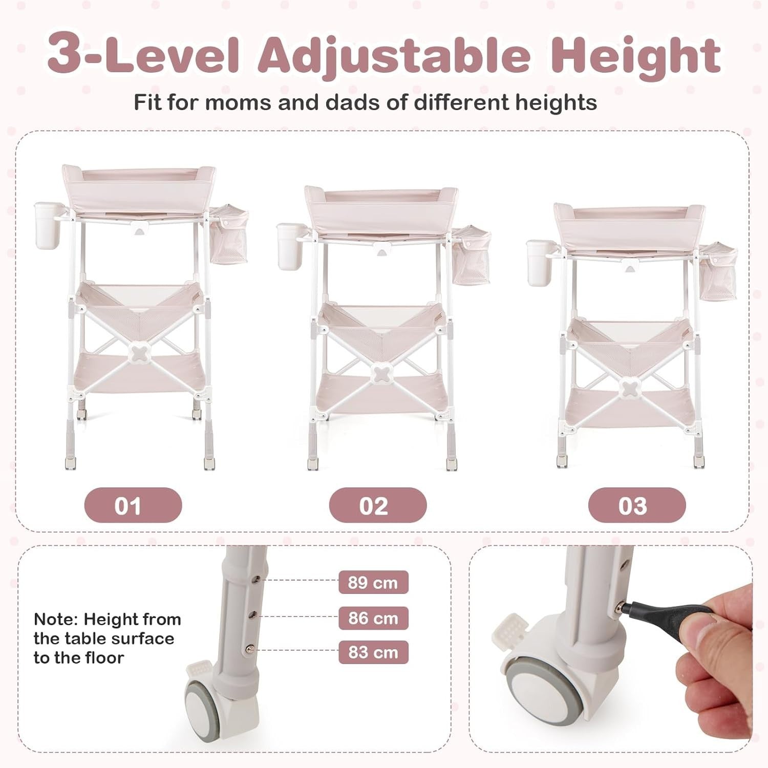 Baby Changing Table Folding Nursery Station with Wheels & Storage Beige