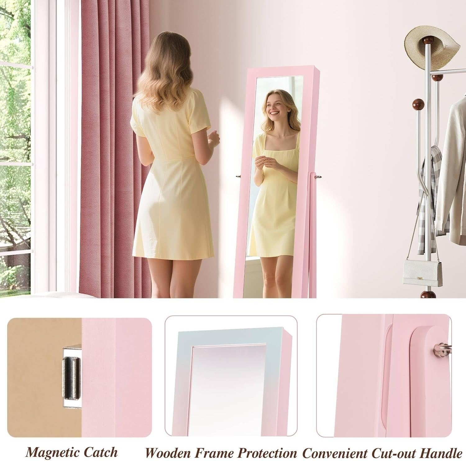 Pink Freestanding Jewelry Cabinet Full Length Mirror Adjustable Storage