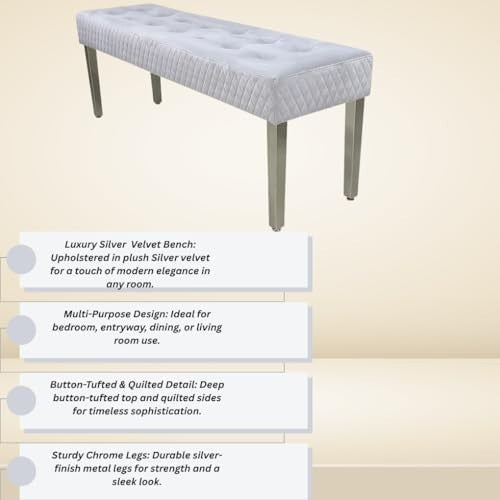 Luxury Silver Velvet 3-Seater Bench Modern Upholstered Dining & Entryway Seat