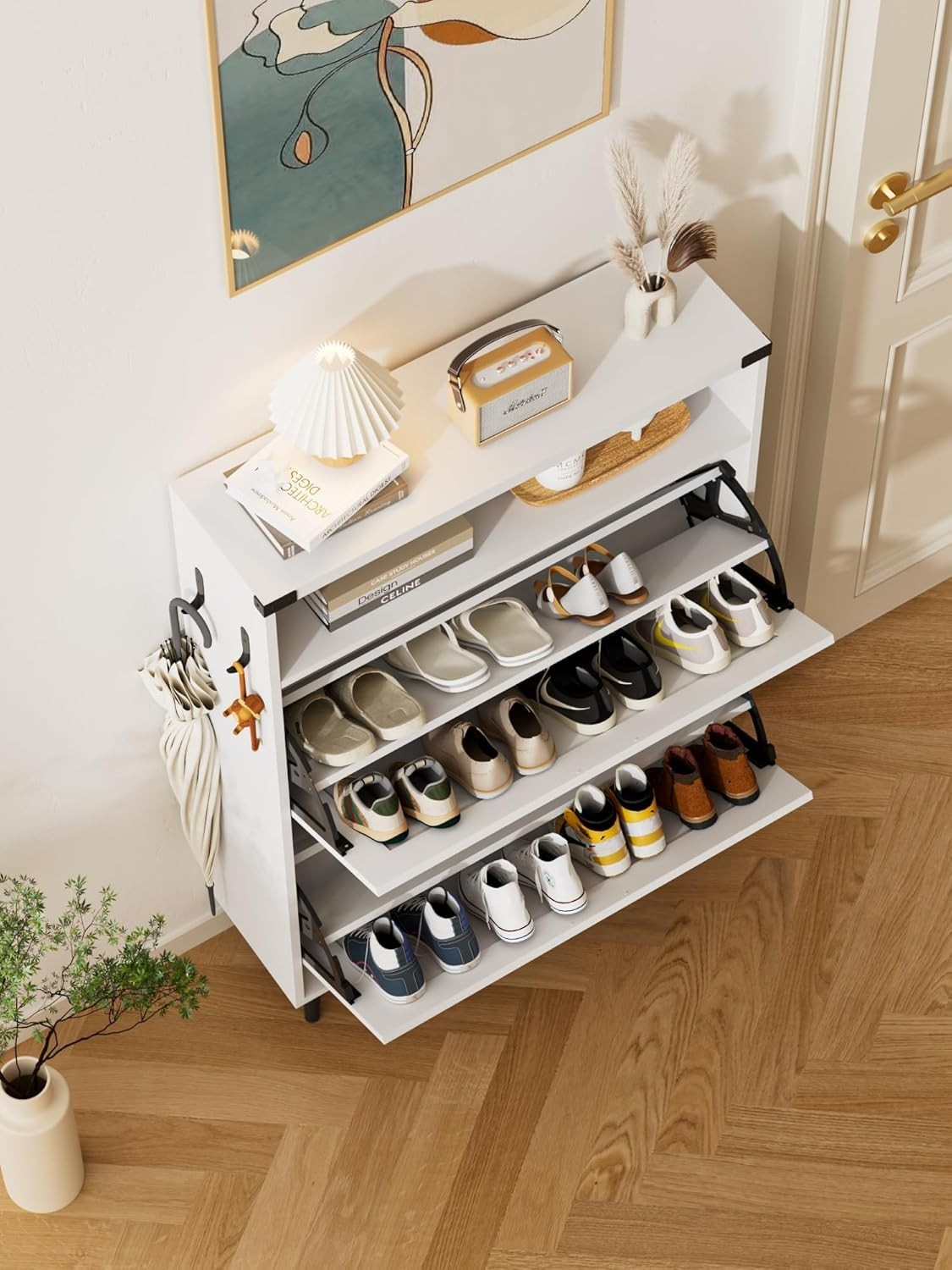 Slim White Shoe Cabinet with 2 Flip Drawers & Adjustable Shelves, Narrow Hallway