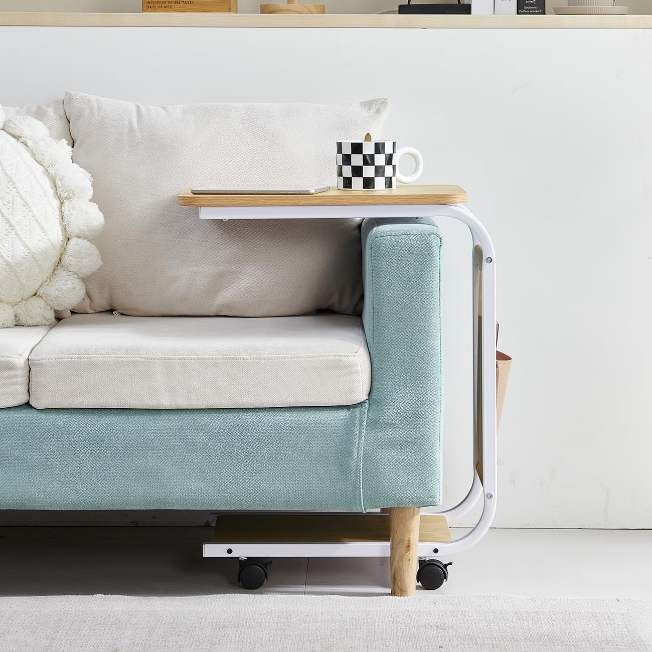 Rectangular C-Shaped Sofa Side Table with Wheels Walnut Wood Metal Frame 60cm