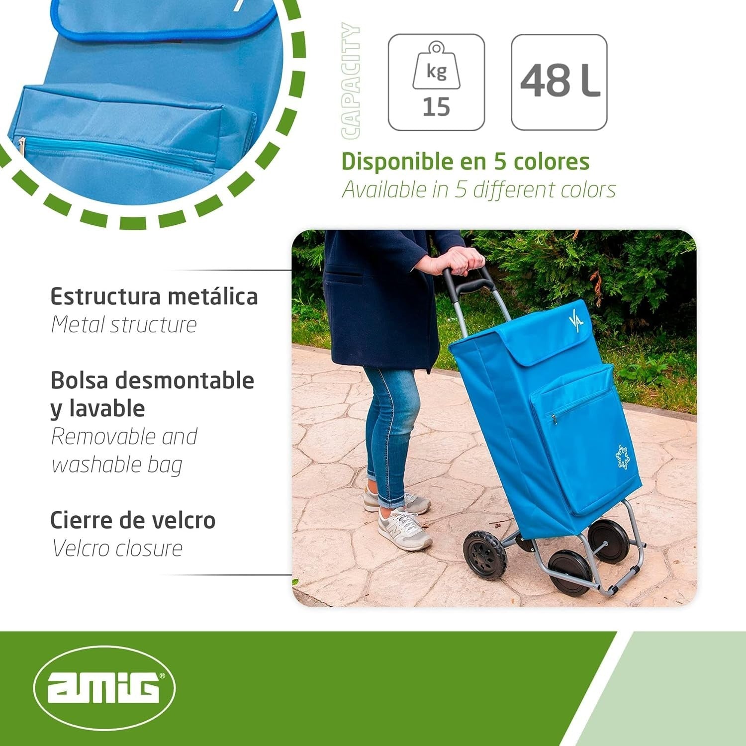 Lightweight 4-Wheel Shopping Trolley 48L Large Capacity with Freezer Pocket