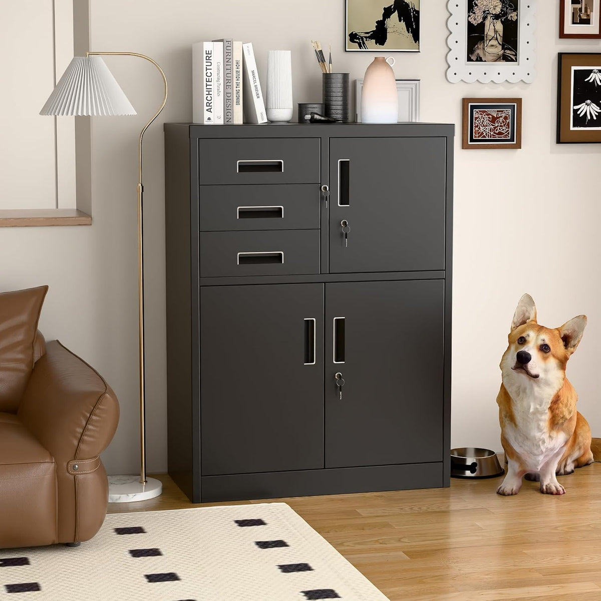 Metal Storage Cabinet with 3 Doors 3 Drawers Lockable Steel Cupboard Black