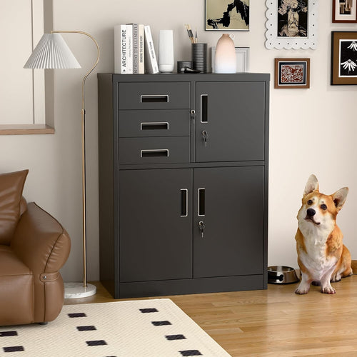 Metal Storage Cabinet with 3 Doors 3 Drawers Lockable Steel Cupboard Black